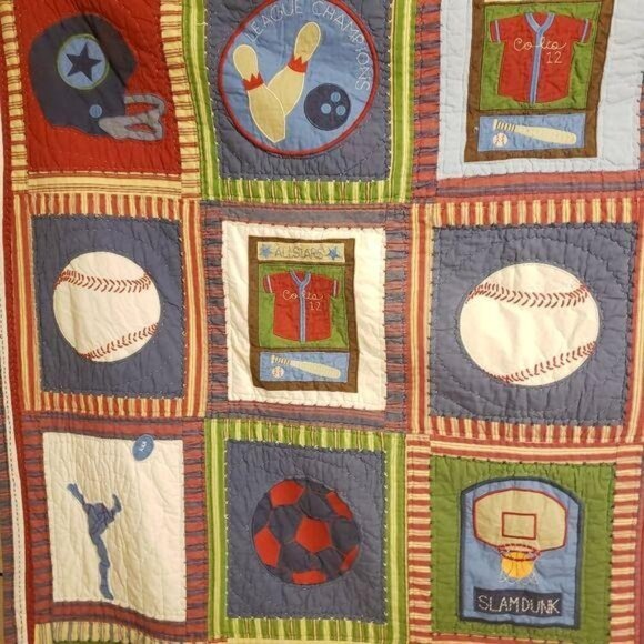 Pottery Barn Kids Sports Quilt 68" X 86" Cotton football baseball basketball - Picture 5 of 8